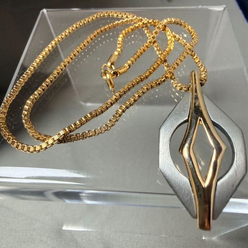Vintage Two Tone Pendant with Gold Tone Box Chain Necklace